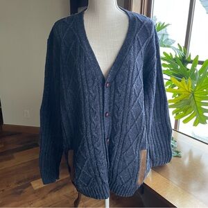 Woolrich Dark Blue Cable Knit Elbow Patch Fisherman Grandpa Wool Cardigan XL